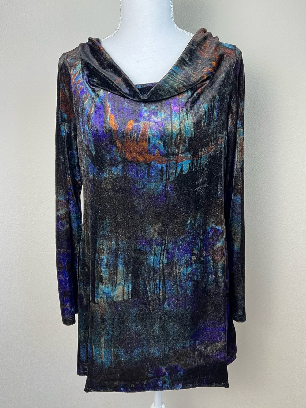 Y2K Velvet Tunic Top S Cowl Neck Abstract Watercolor Artsy Glam Whimsigoth